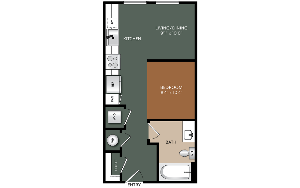 Studio Floorplan with 1 Bathroom